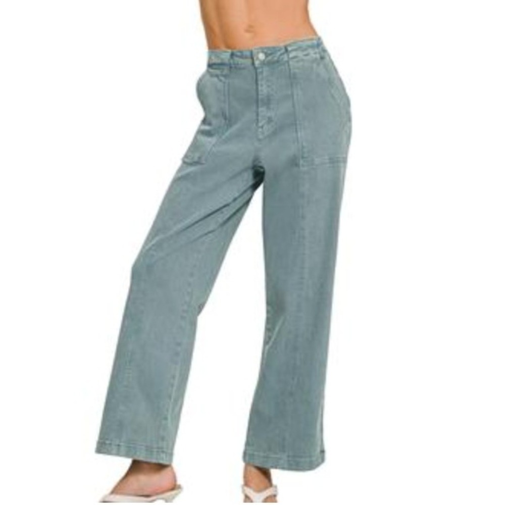 NWT Zenana Pants Women Large Blue Wide Leg High Rise Cotton Blend